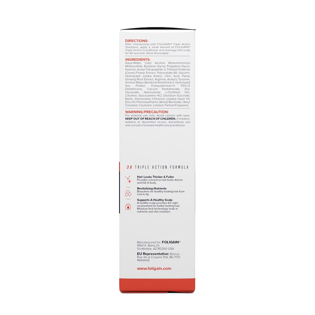 Foligain Triple Action Conditioner For Thinning Hair, Volumizing Conditioner for Men, 8 Fl. Oz.