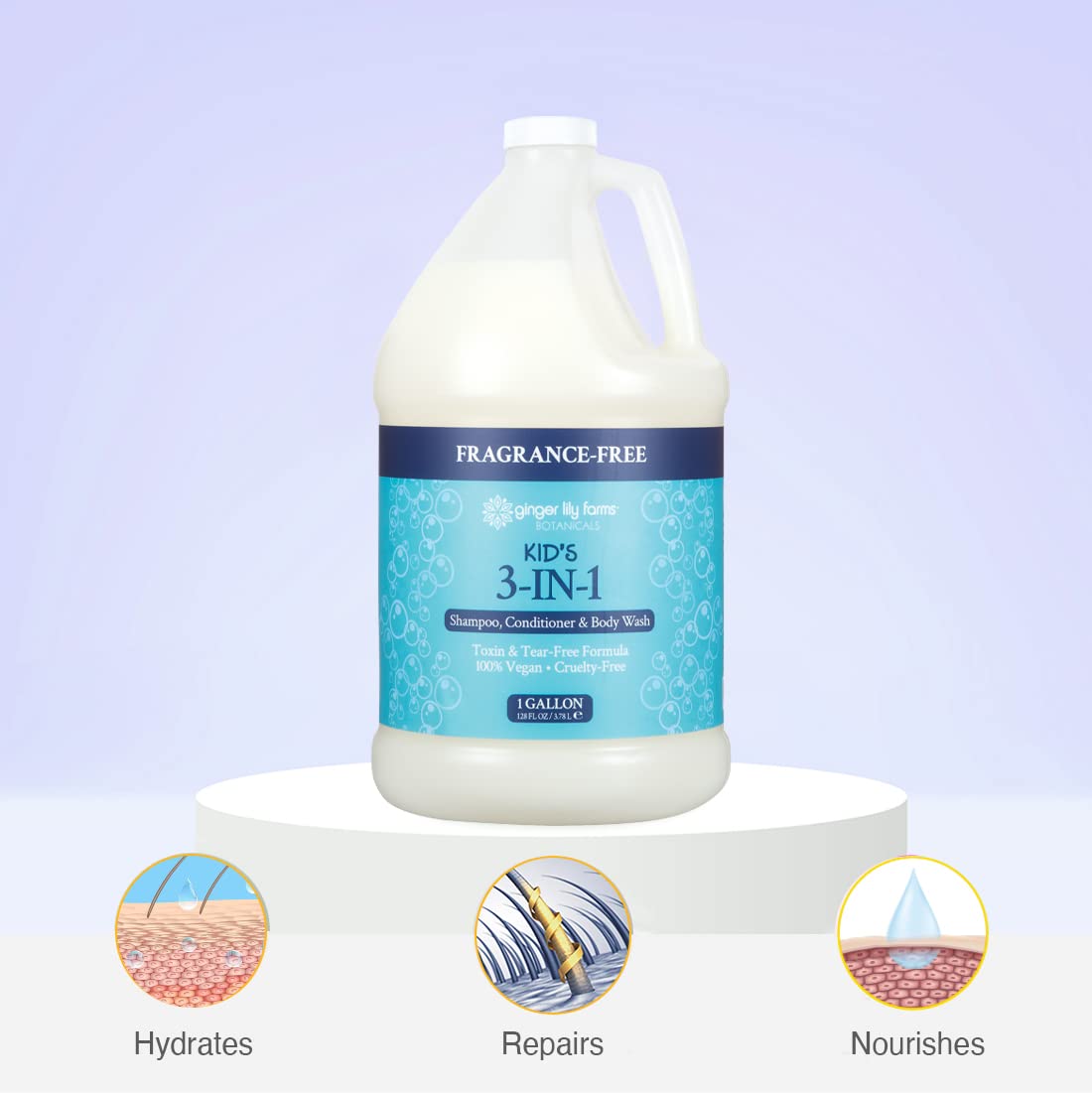 Ginger Lily Farms Kids 3-in-1 Shampoo, Conditioner & Body Wash | Tear-Free, Fragrance-Free, Vegan & Cruelty-Free Refill, 1 Gallon (128 fl oz)