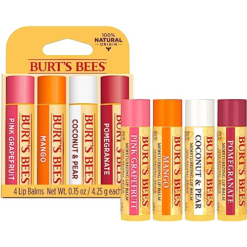 Burt's Bees Lip Balm 4-Pack – Pink Grapefruit, Mango, Coconut & Pear, Pomegranate – Natural, Tint-Free Moisturizer, 0.15 oz Each