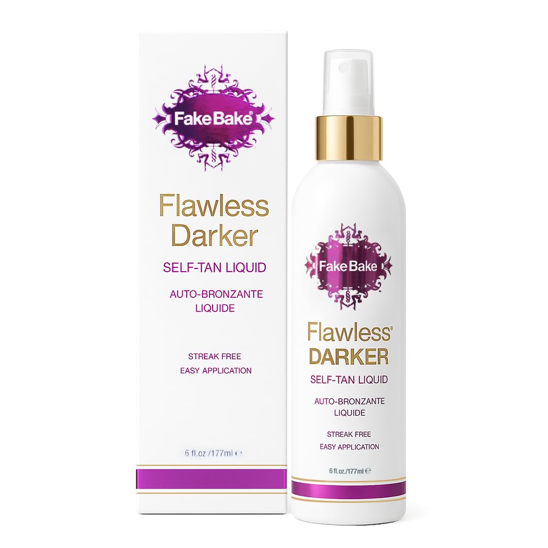 Fake Bake Flawless Darker Self-Tanning Liquid – Streak-Free, Long-Lasting Sunless Tanner for All Skin Tones with Mitt & Black Coconut Scent, 6 oz