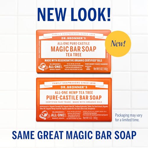 Dr. Bronner's Pure-Castile Magic Bar Soap, 2 Pack 5oz – Vegan, Regenerative Organic Oils, Tea Tree, Face, Body & Hair for Men & Women