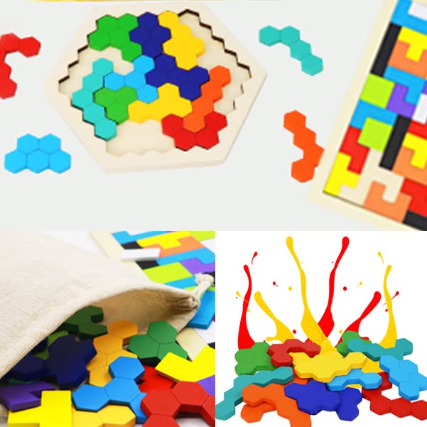 2-Pack Wooden Russian & Hexagon Block Puzzles – STEM Brain Teaser Logic Games for Kids & Adults, Educational Intelligence Toy Gift