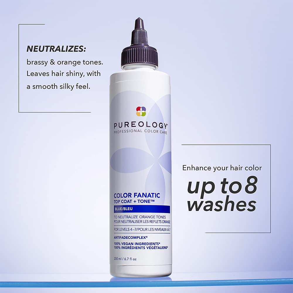 Pureology Color Fanatic Top Coat + Tone Blue Hair Gloss | High-Gloss Toner for Color-Treated Hair | Neutralizes Brass for Dark Blonde to Brunette | 6.7 fl oz