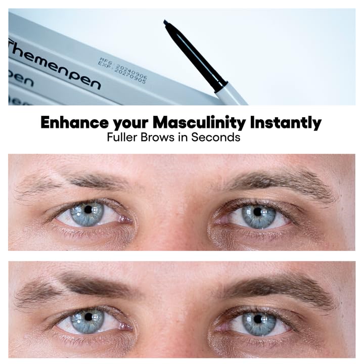 The Men Pen Refresher Kit – Beard, Hair & Brow Filler + Caffeine Eye Roller & Razor 4-Pack | Waterproof, Sweat-Proof, Long-Lasting – Dark Brown