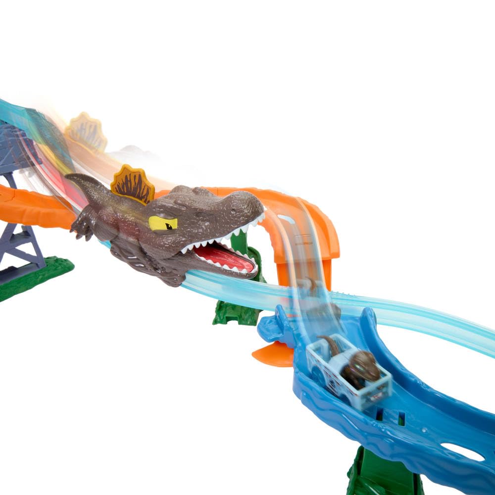 Hot Wheels Toy Car Track Set, RacerVerse Jurassic World Crash & Splash Playset with Die-Cast Velociraptor Vehicle, Dinosaur Race with Spinosaurus