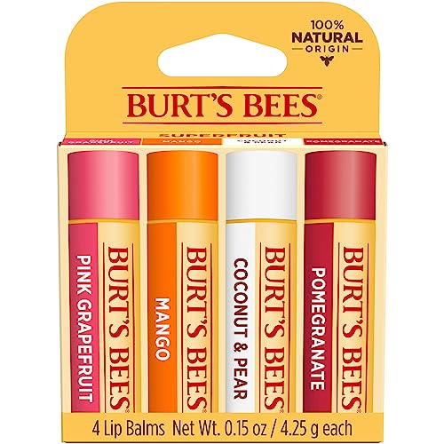 Burt's Bees Lip Balm 4-Pack – Pink Grapefruit, Mango, Coconut & Pear, Pomegranate – Natural, Tint-Free Moisturizer, 0.15 oz Each
