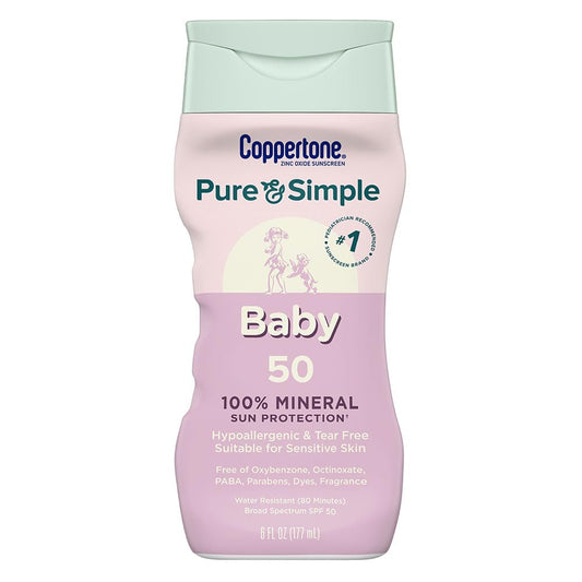 Coppertone Pure and Simple Baby Sunscreen Lotion SPF 50, Zinc Oxide Mineral Sunscreen for Babies, Hypoallergenic and Tear Free, 6 Fl Oz Bottle
