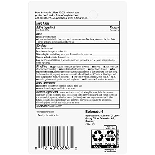 Coppertone Pure and Simple Baby Sunscreen Stick SPF 50, Zinc Oxide Mineral Sunscreen for Baby, Body and Face, 0.49 Oz Stick