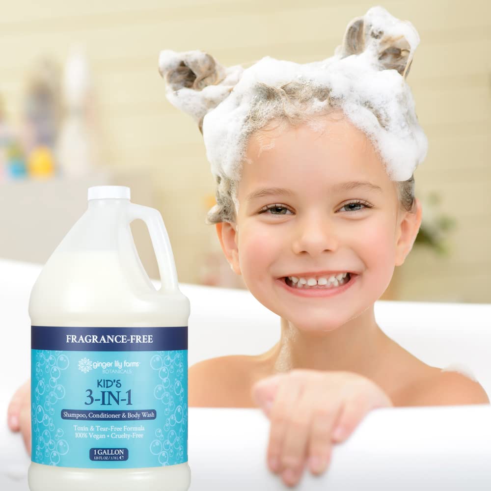 Ginger Lily Farms Kids 3-in-1 Shampoo, Conditioner & Body Wash | Tear-Free, Fragrance-Free, Vegan & Cruelty-Free Refill, 1 Gallon (128 fl oz)