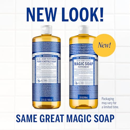 Dr. Bronner's Peppermint Pure-Castile Liquid Soap, 32oz – 18-in-1 Vegan Body Wash for Face, Hair, Hands, Laundry & More, Non-GMO