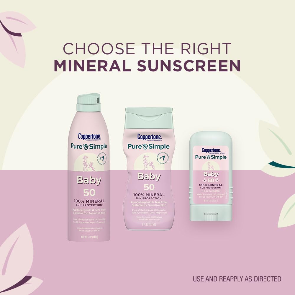 Coppertone Pure and Simple Baby Sunscreen Lotion SPF 50, Zinc Oxide Mineral Sunscreen for Babies, Hypoallergenic and Tear Free, 6 Fl Oz Bottle