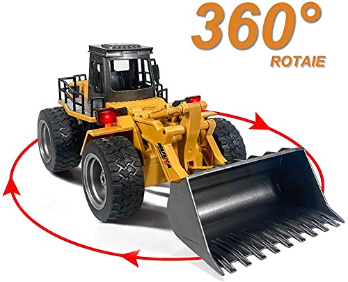 Remote Control Bulldozer Toy Truck 1:18 Scale, 4WD RC Front Loader Construction Vehicle for Kids 6+, Comes with 2 Rechargeable Batteries
