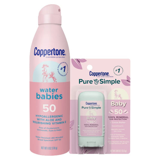 Coppertone WaterBabies SPF 50 Baby Sunscreen Spray 6oz + Pure & Simple Mineral Sunscreen Stick SPF 50 Tear-Free, Hypoallergenic