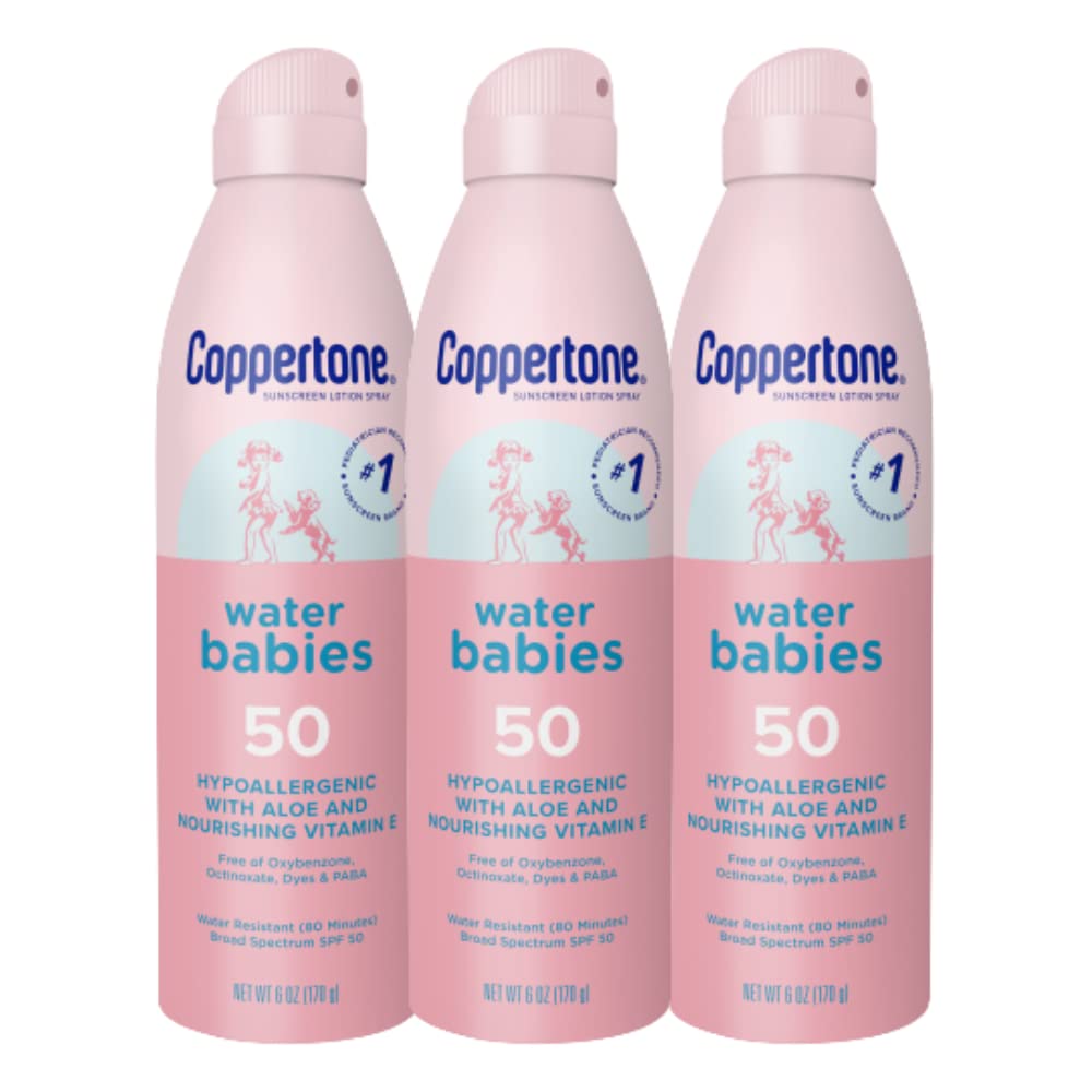 Coppertone WaterBabies Baby Sunscreen Spray SPF 50, Spray On Sunscreen for Babies, Water Resistant, 6 Oz, Pack of 3