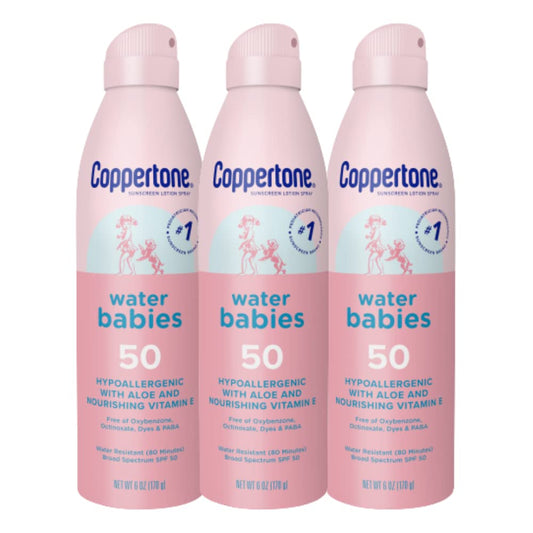 Coppertone WaterBabies Baby Sunscreen Spray SPF 50, Spray On Sunscreen for Babies, Water Resistant, 6 Oz, Pack of 3
