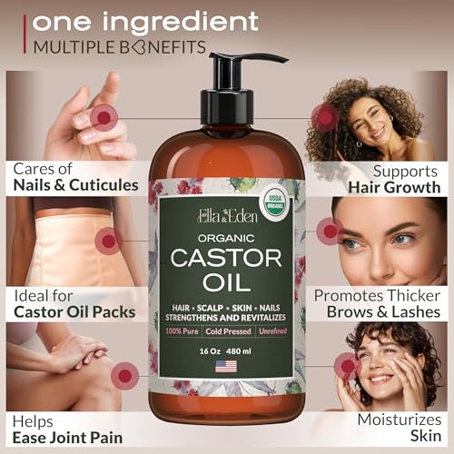 Ella & Eden Castor Oil Organic – Cold Pressed Hexane-Free Unrefined Glass Bottle | For Hair Growth, Face, Skin | USDA Certified 100% Pure – 16 Oz