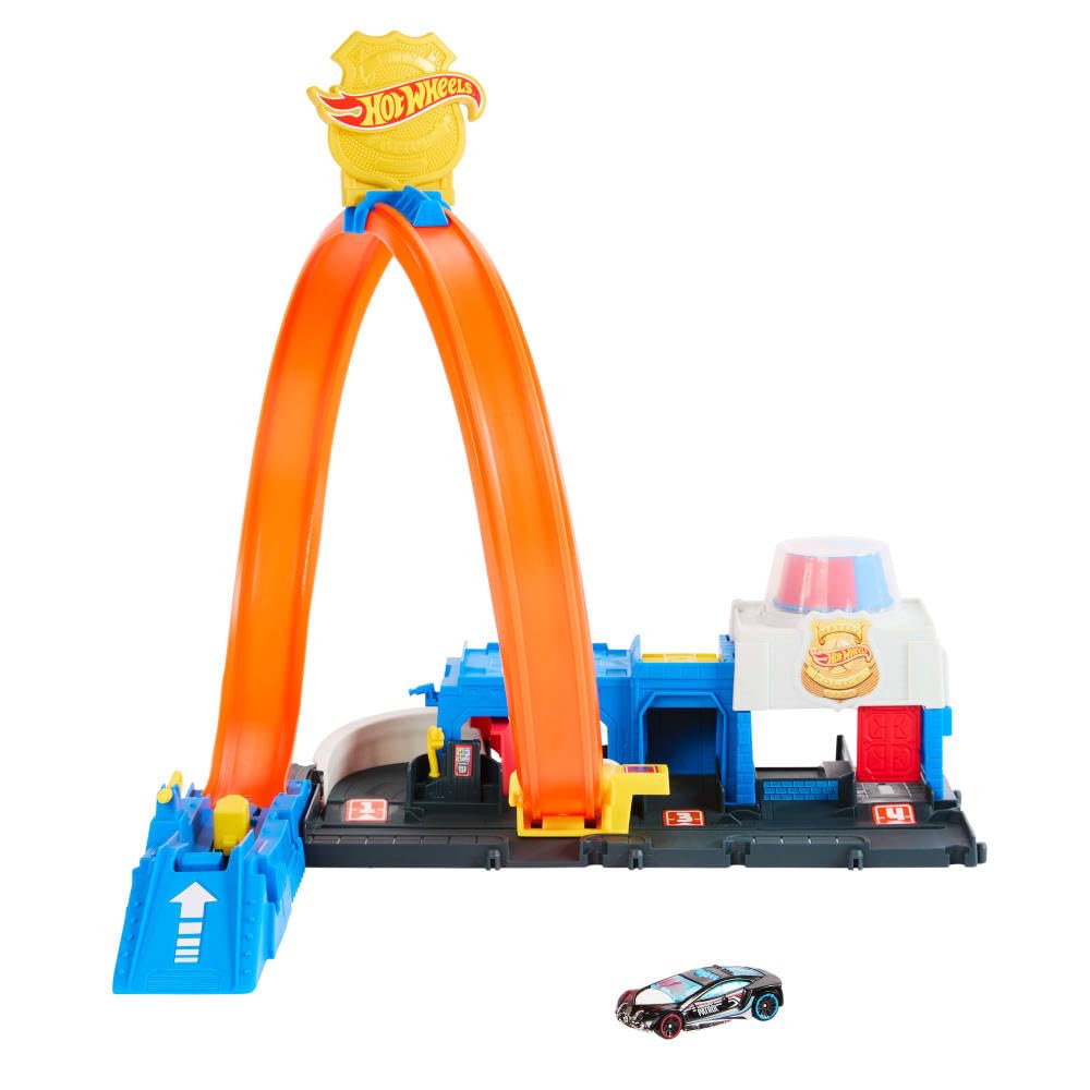 Hot Wheels Toy Car Track Set, Super Police Station Playset with 1:64 Scale Die-Cast Vehicle, Adjustable Loop for Multiple Ways to Race & Stunt