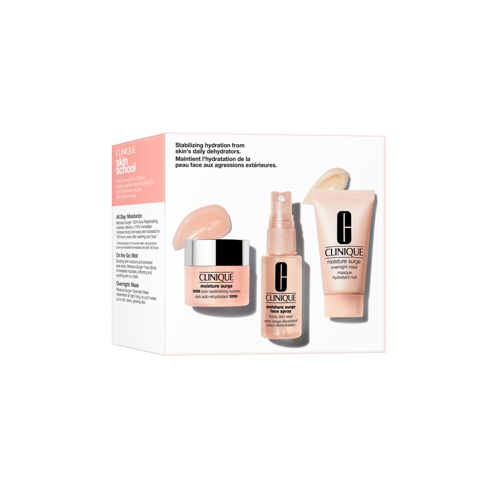 Clinique Skin School Essentials Set – Moisture Surge Hydrator 0.5oz, Face Spray 1oz, Overnight Mask 1oz for Glowing Skin