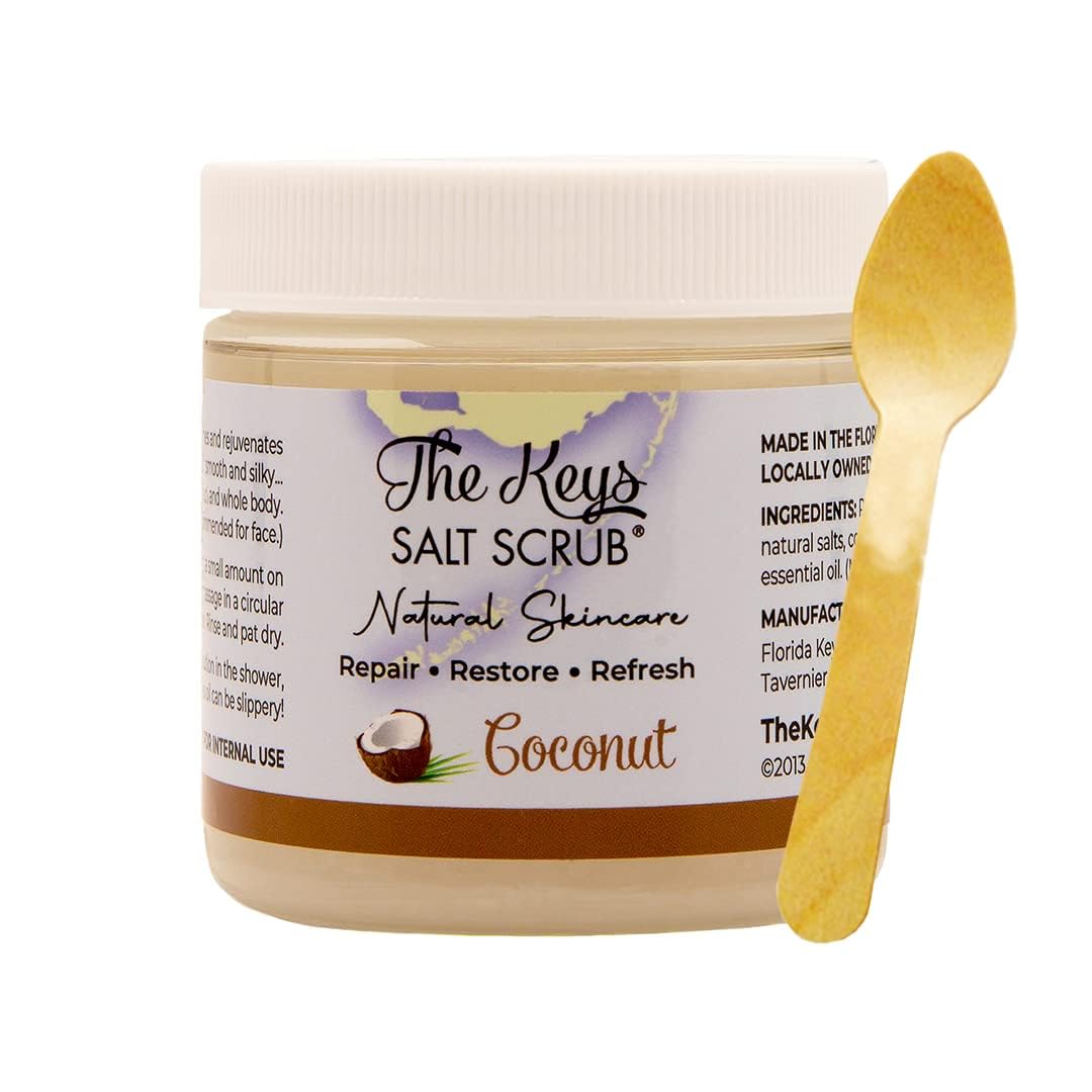 The Keys Sea Salt Scrub – Exfoliating & Moisturizing Body Scrub with Wooden Spoon for Hands, Feet & Bath, Coconut Scent, 3.4 oz