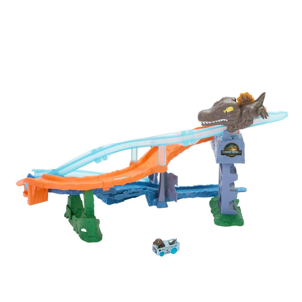 Hot Wheels Toy Car Track Set, RacerVerse Jurassic World Crash & Splash Playset with Die-Cast Velociraptor Vehicle, Dinosaur Race with Spinosaurus