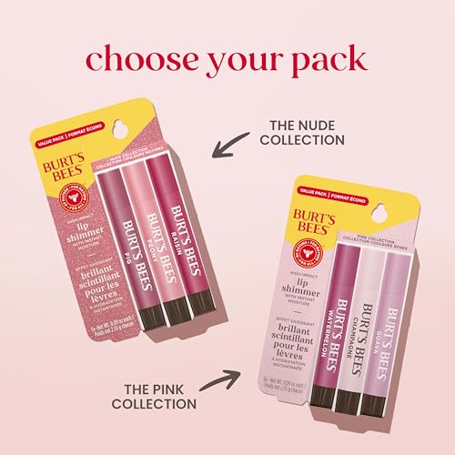 Burt's Bees Lip Shimmer Nude Collection - Tinted Moisturizing Lip Balm, Natural Hydration & Glow, Buildable Color, 3 Pack x 0.09 Oz