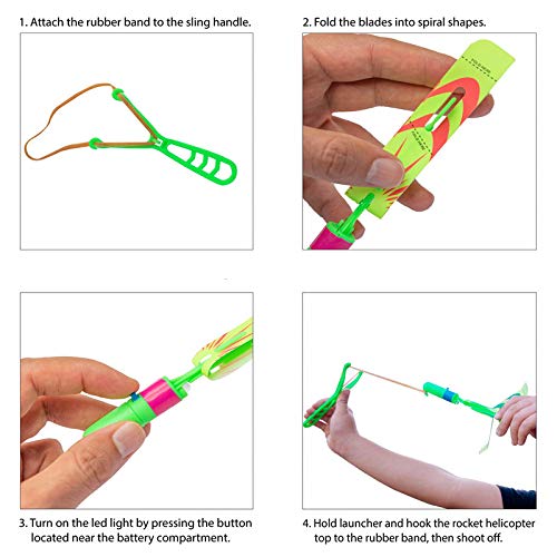 BAIVYLE 6-Pack Flying Rocket Toys for Kids with LED Lights, Glow-in-the-Dark Helicopters, Outdoor Slingshot Fun, Party & Camping Games Ages 3+