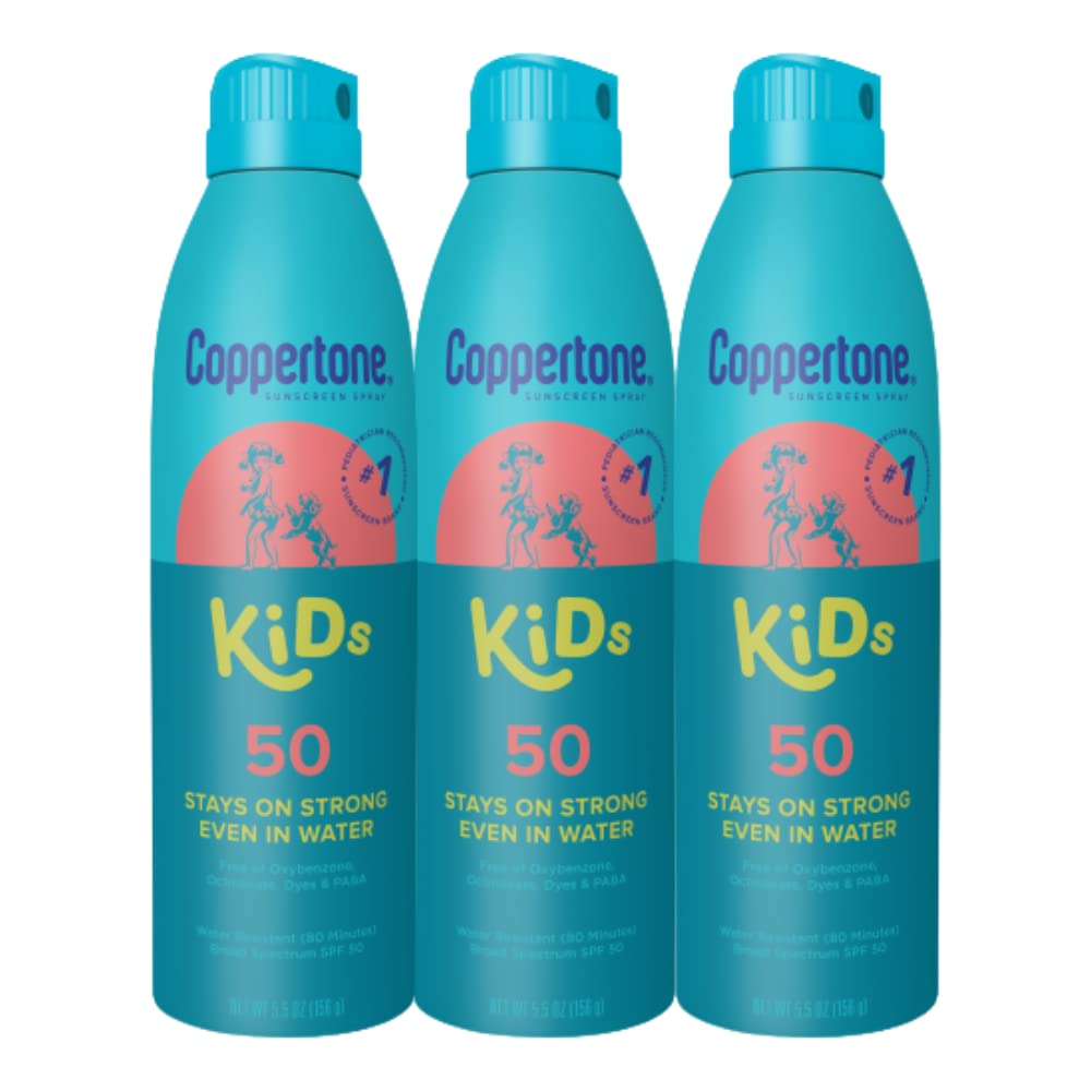 Coppertone Kids SPF 50 Sunscreen Spray, Water Resistant Sunblock for Kids, Oxybenzone & Dye Free, Pediatrician Recommended, 5.5 Oz, 3 Pack
