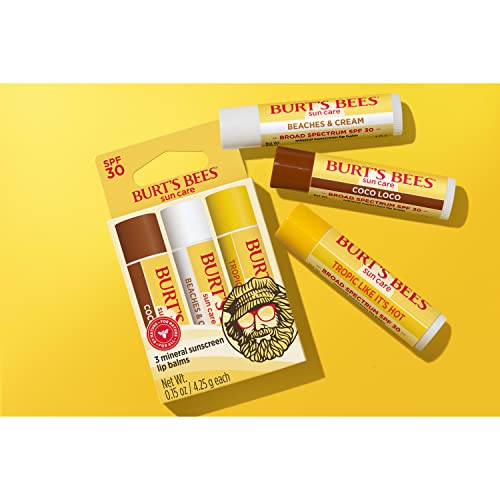 Burt’s Bees SPF 30 Lip Balm Trio, Island Getaway - Coco Loco, Beaches & Cream, Tropic Like It’s Hot, Water-Resistant, 0.15 oz Each