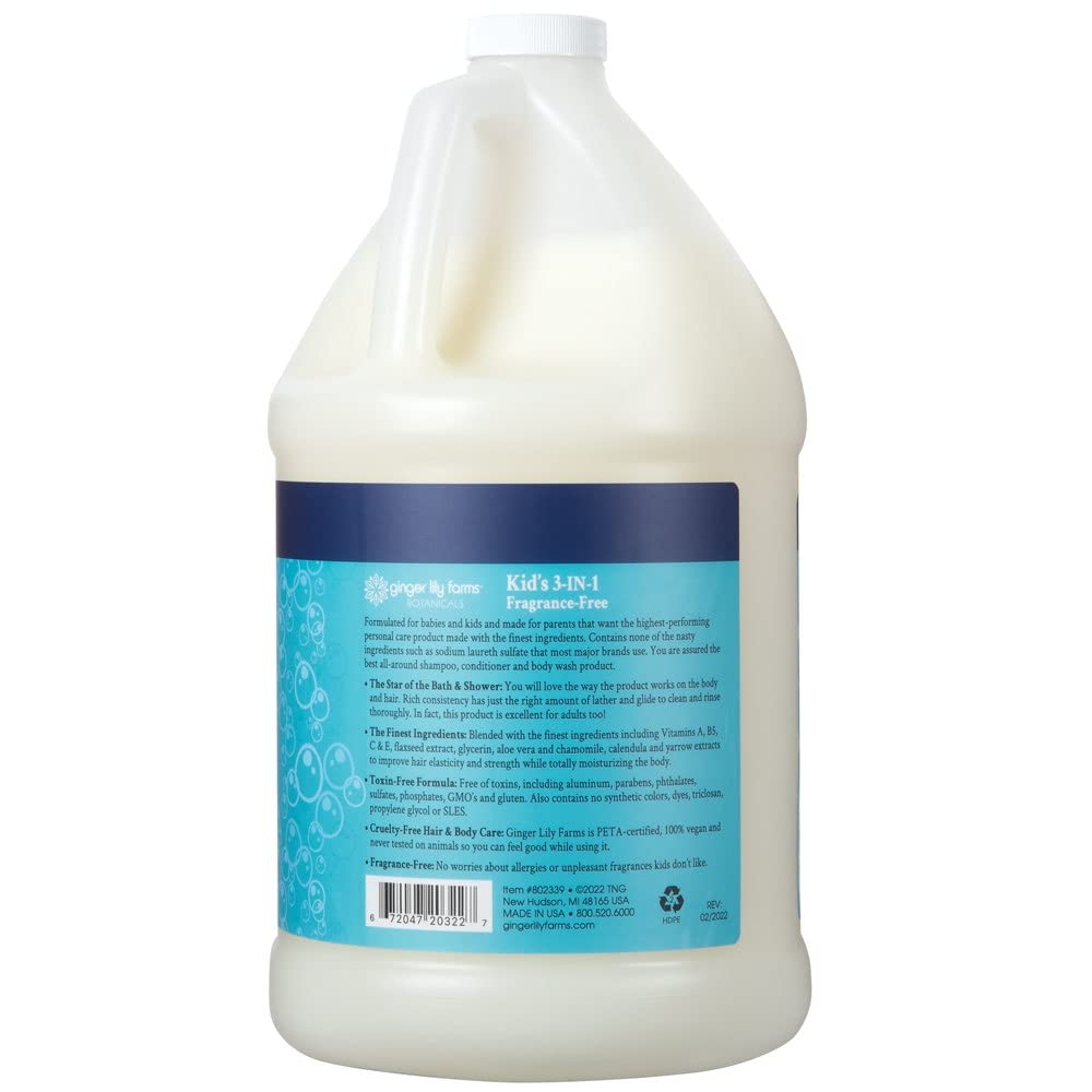 Ginger Lily Farms Kids 3-in-1 Shampoo, Conditioner & Body Wash | Tear-Free, Fragrance-Free, Vegan & Cruelty-Free Refill, 1 Gallon (128 fl oz)