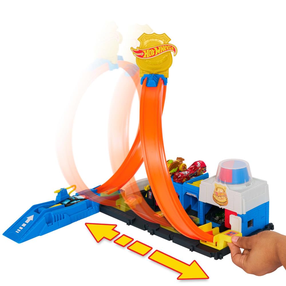 Hot Wheels Toy Car Track Set, Super Police Station Playset with 1:64 Scale Die-Cast Vehicle, Adjustable Loop for Multiple Ways to Race & Stunt