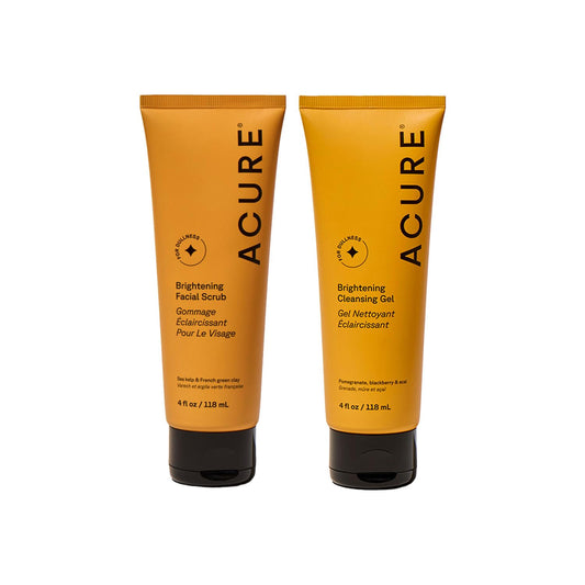 Acure Brightening Facial Scrub & Cleansing Gel 2-Pack – Exfoliating & Gentle Daily Face Wash with Sea Kelp, Pomegranate & Acai, 100% Vegan