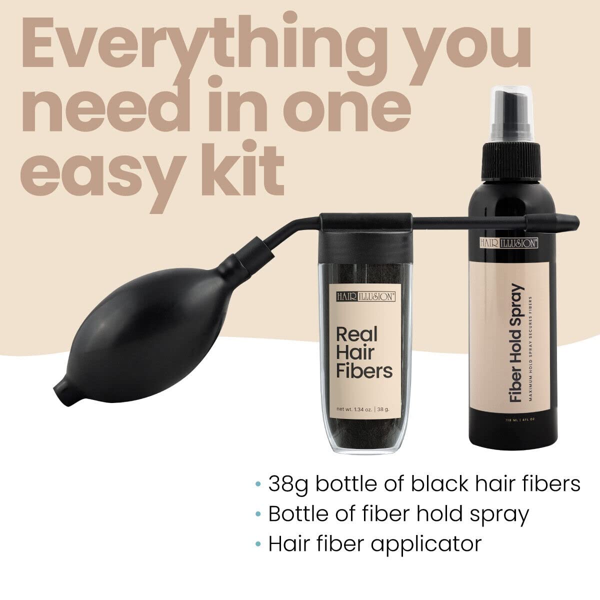 Hair Illusion Combo Kit - Hold Spray, 38g Hair Fiber Bottle, Applicator & Hairline Optimizer (Black)