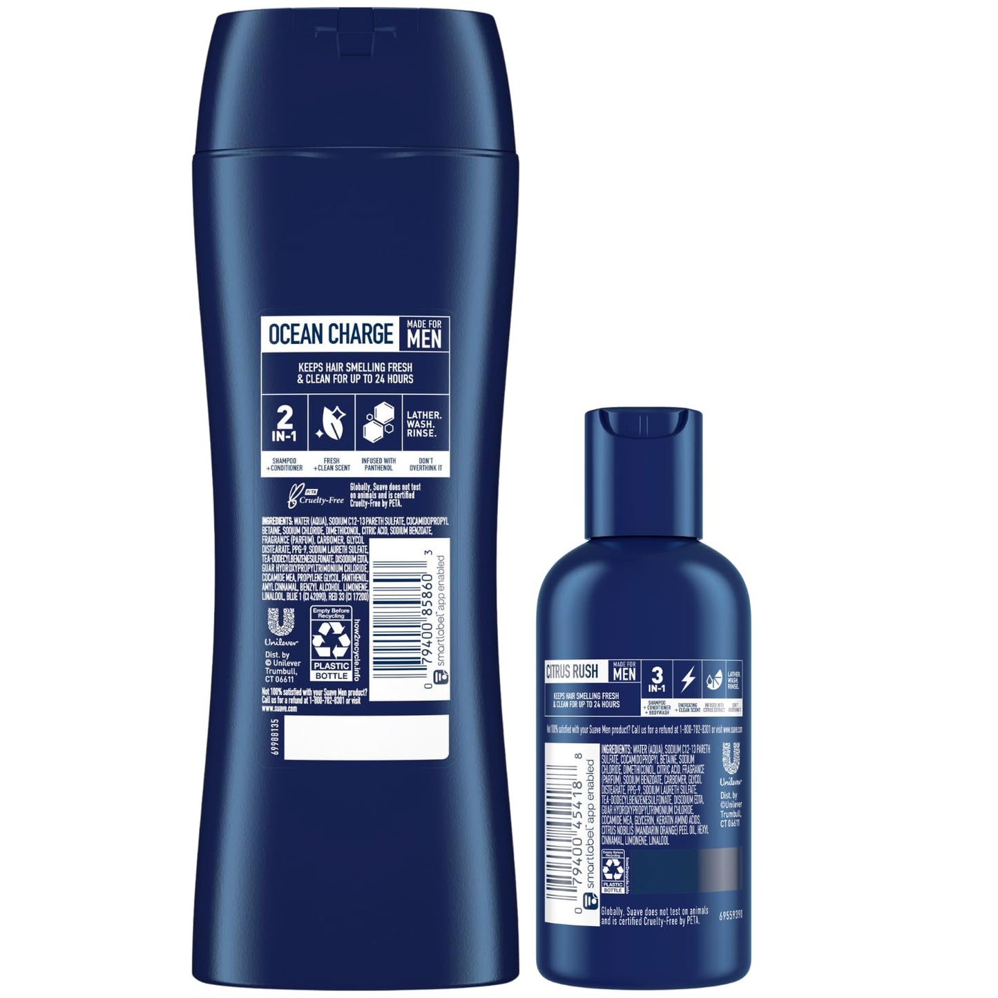 Suave Men 3-in-1 Body Wash, Shampoo & Conditioner Citrus Rush Travel Size + 2-in-1 Ocean Charge Full Size Twin Pack (3 Pc Set)