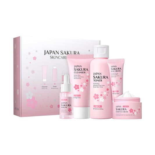 LAIKOU Japan Sakura Skin Care Set for Women – 5 Pcs Travel Beauty Kit with Cleanser, Toner, Serum, Eye & Face Cream – Gift for Mom, Teen Girls