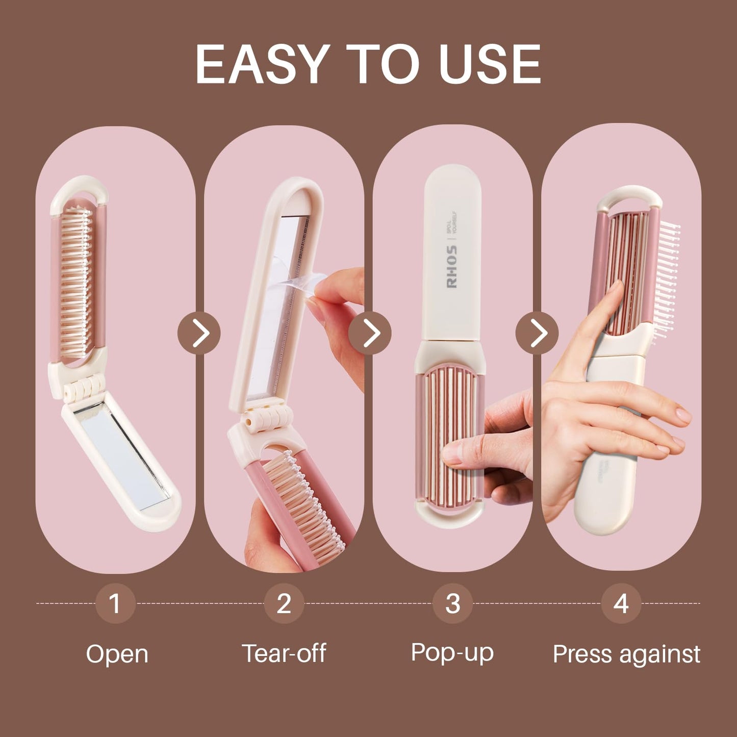 RHOS Folding Brush with Mirror for Women, Girls - Mini Hair Brush for Purse, Small Pocket Brush with Soft Nylon Bristles and Mirror for Travel (Beige)