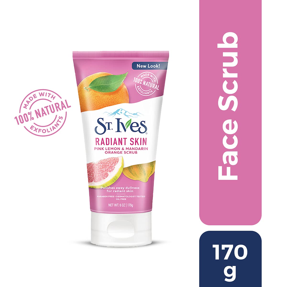 St. Ives Radiant Skin Face Scrub, Pink Lemon & Mandarin Orange, Dull Skin Exfoliator, 100% Natural, Dermatologist-Tested, 6 oz