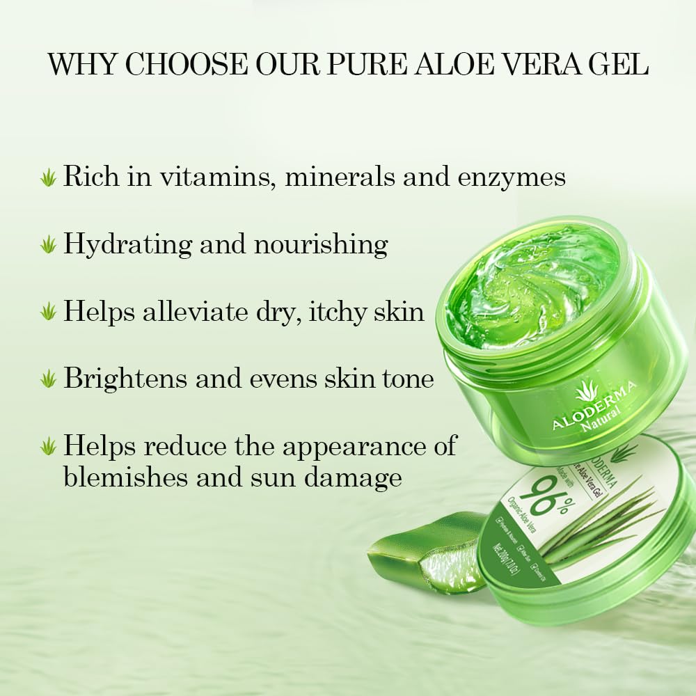 Aloderma Organic Aloe Vera Gel 96% Pure – Freshly Made Within 12 Hours, Hydrating & Soothing Gel for Face, Body, Hair & Scalp, 7.05 oz