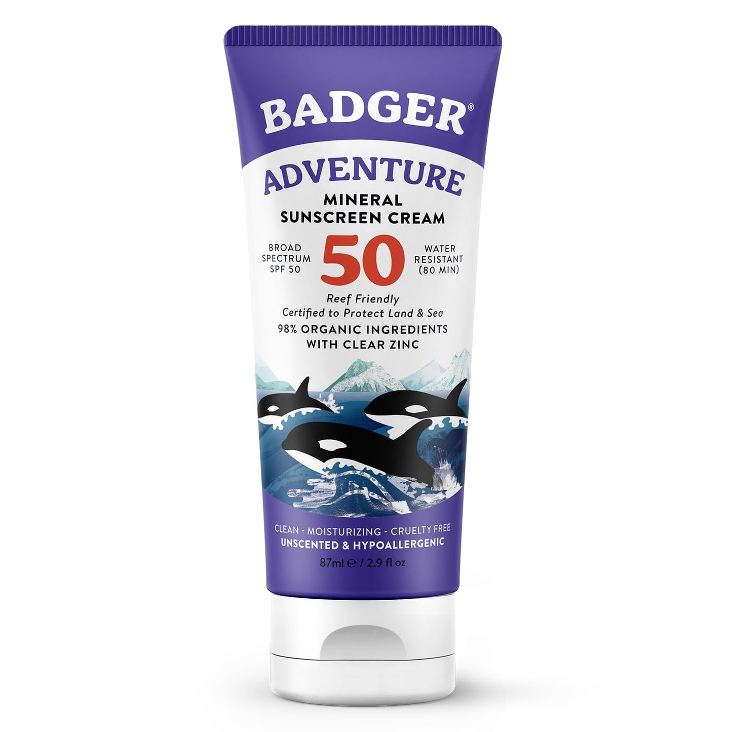 Badger Mineral Sunscreen SPF 50 – 98% Organic, Zinc Oxide, Broad-Spectrum, Reef-Safe, Hypoallergenic, Unscented, Water-Resistant 2.9 fl oz