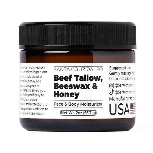 Santa Cruz Paleo Beef Tallow & Honey Balm – Grass-Fed Moisturizer for Face & Body, Organic Beeswax & Honey, Light Scent, 2oz
