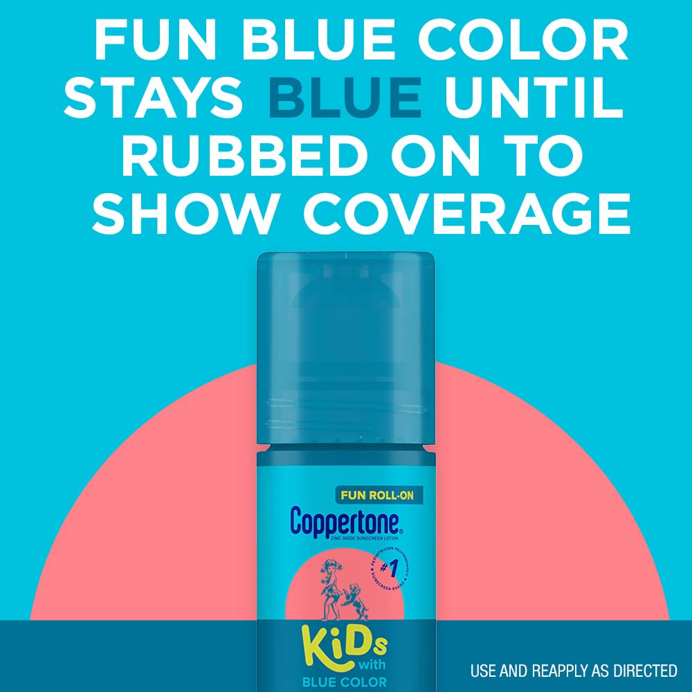 Coppertone Kids Roll On Sunscreen Lotion SPF 50, Tear Free Kids Sunscreen with Blue Color and Zinc Oxide Sun Protection, 2.5 Fl Oz Tube