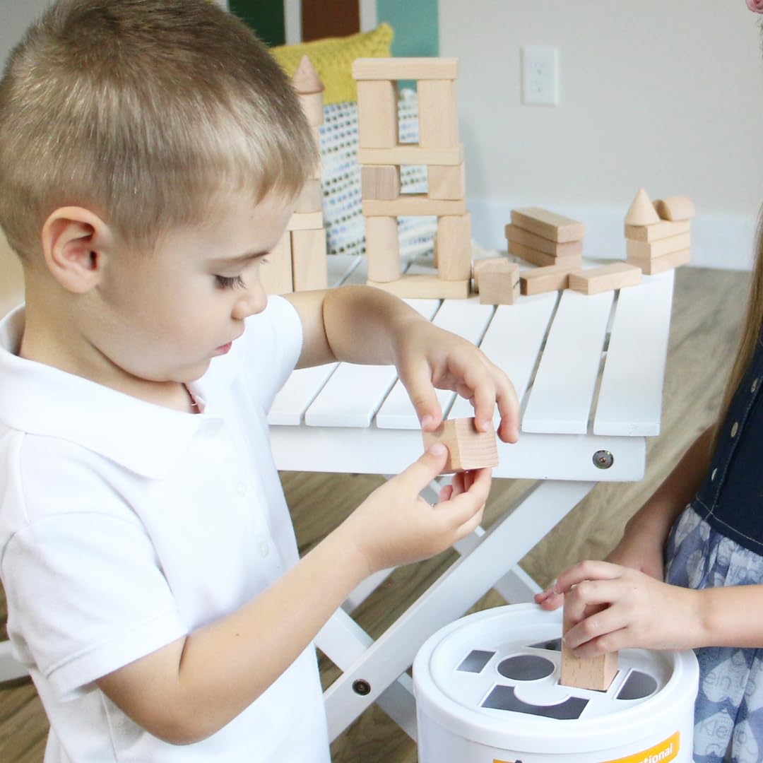 Pidoko Kids 100-Piece Wooden Blocks Set for Toddlers with Storage Container & Shape Sorter Lid – Natural Beech Wood Preschool Toy