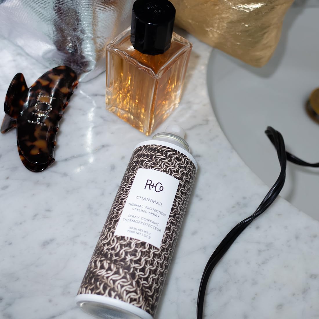 R+Co Chainmail Heat Protection Spray For Hair | Thermal Protection + Flexible Hold + Silky Shine | Vegan + Cruelty-Free | 5 Oz