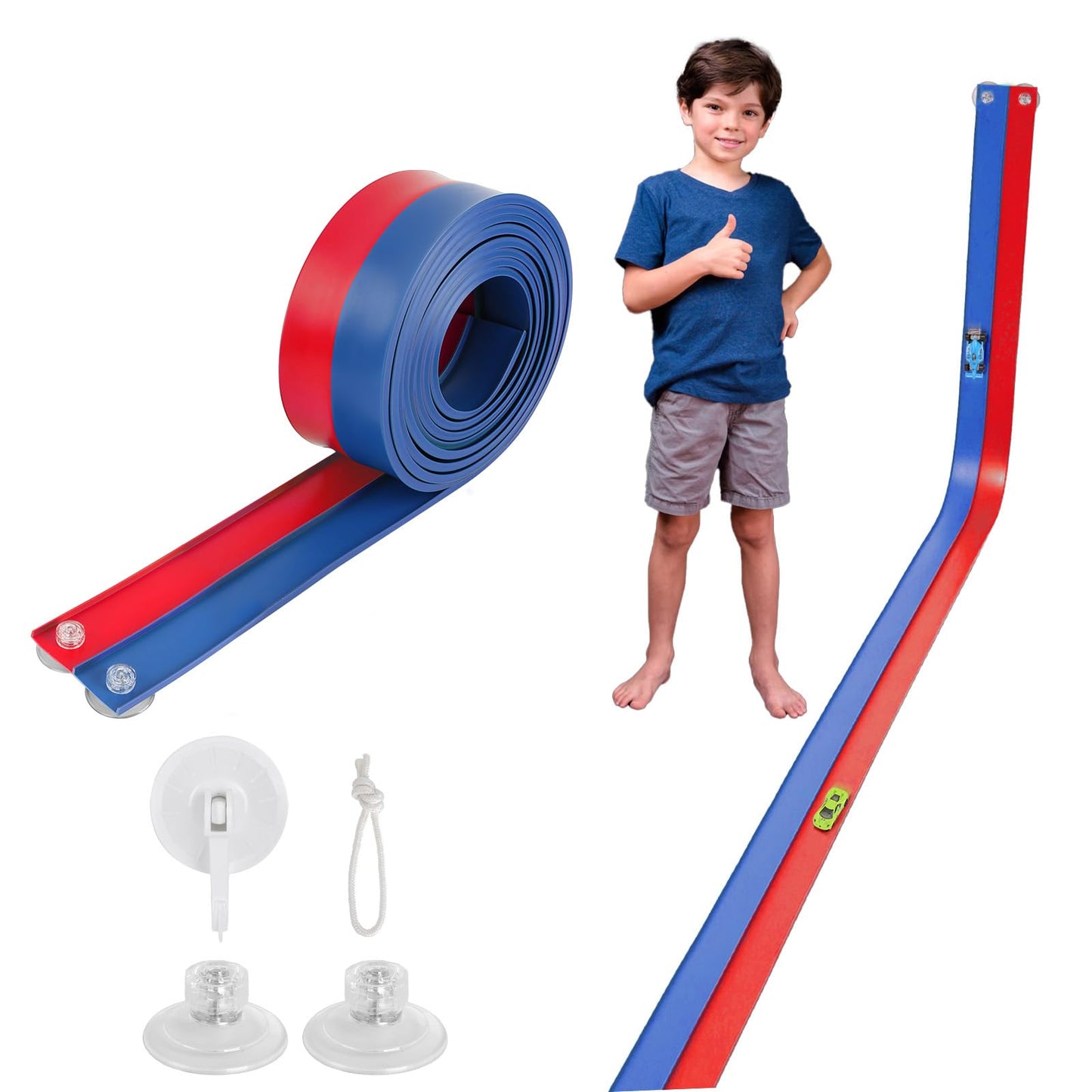 Flexible 15ft Race Car Track Starter Set with Suction Cups & 1:64 Diecast Cars, Blue & Red Double Track, Rolls Up for Kids 3+