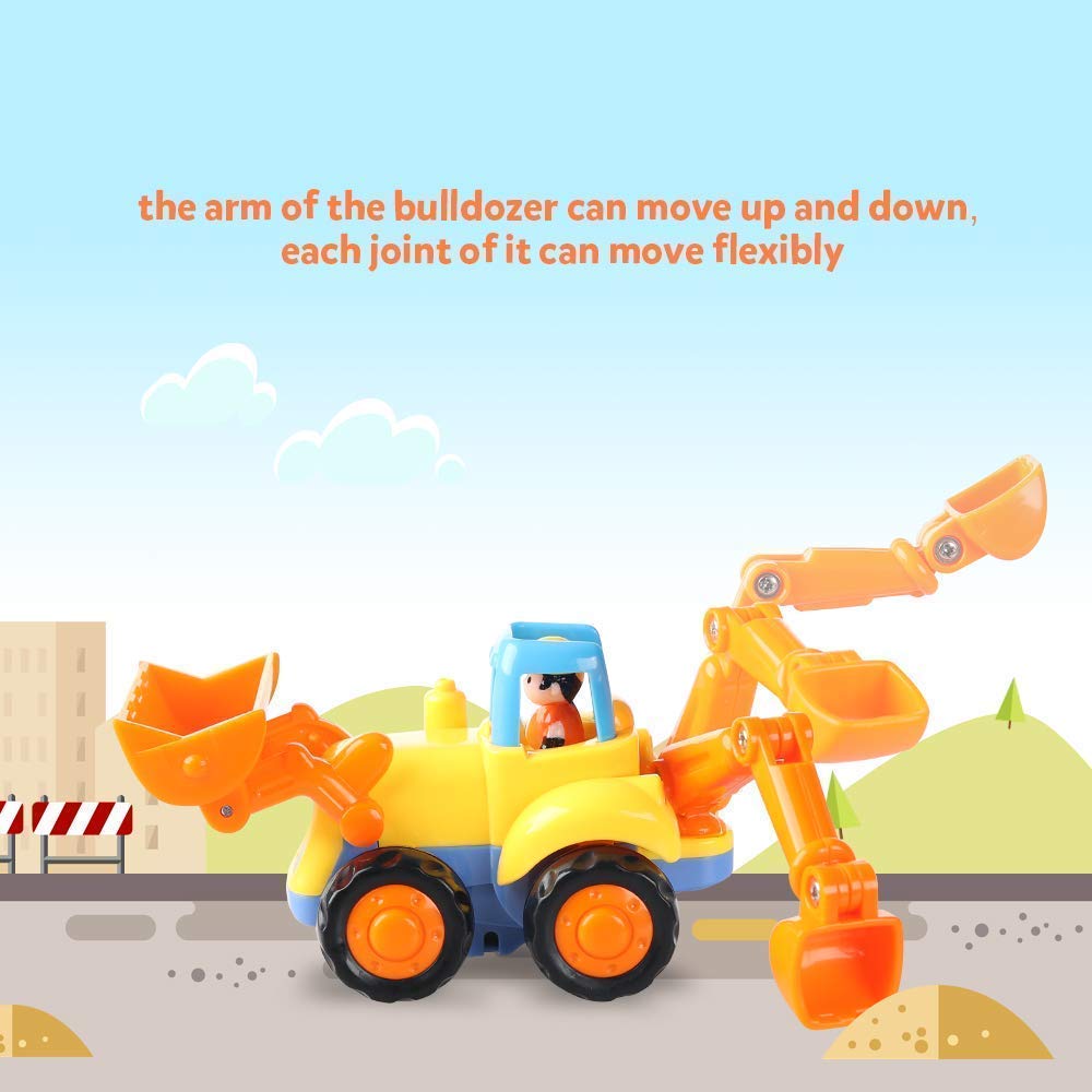 Coogam 4-Pack Friction Powered Construction Vehicles Toy Set – Push & Go Tractor, Bulldozer, Cement Mixer & Dumper for Kids