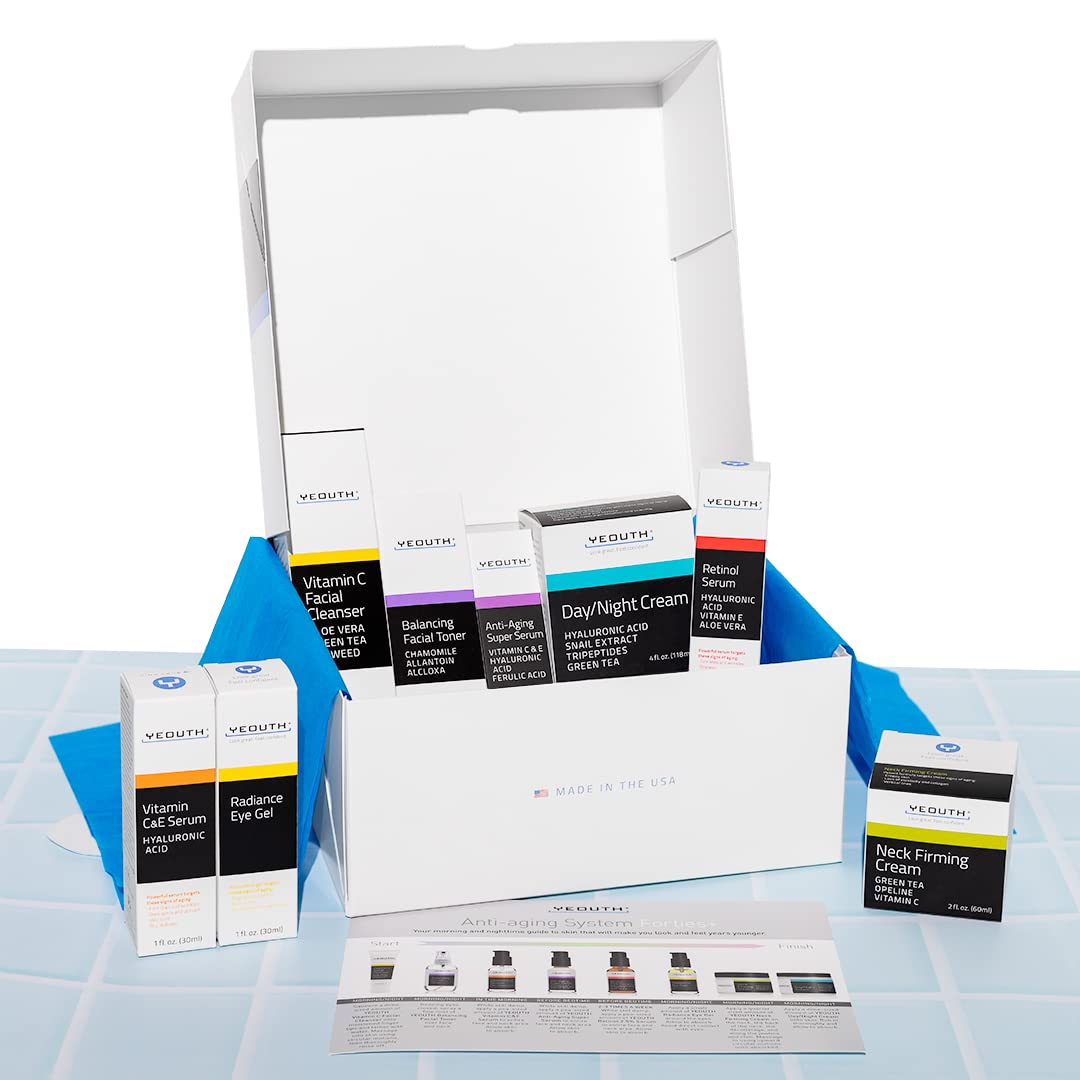 YEOUTH 8-Piece Skincare Set for Women – Retinol Serum, Hyaluronic Acid, Vitamin C, Cleanser, Toner, Eye Gel, Neck & Face Cream