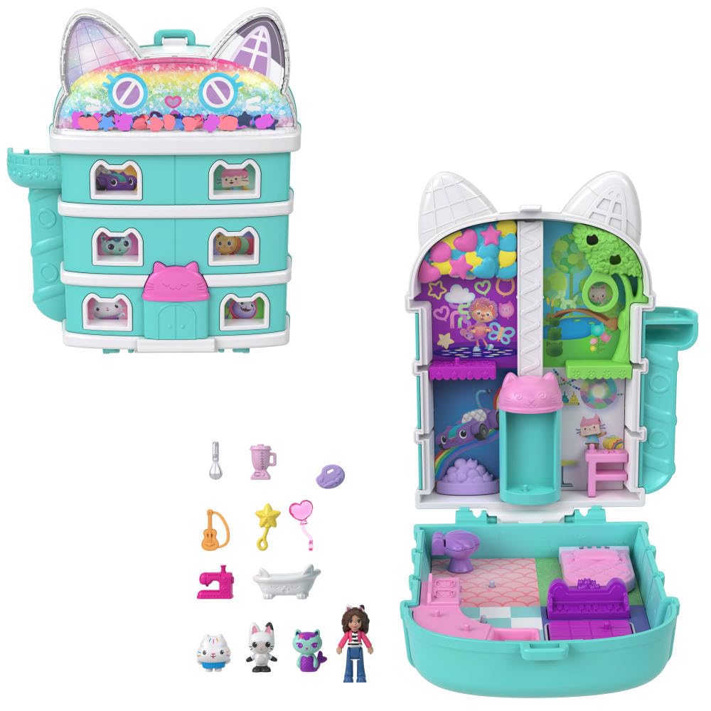 Polly Pocket x Gabby’s Dollhouse Compact, Micro Dolls and Playset, 9 Themed Accessories, Pandy Paws, Cakey, & Mercat Pet Friends