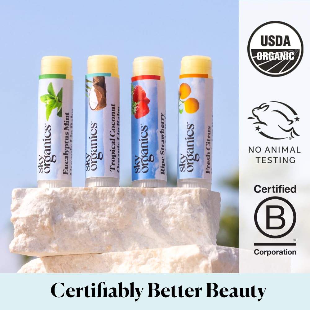 Sky Organics Organic Lip Balms With Beeswax for Lips, USDA Certified Organic, Four Assorted Flavors to Moisturize, Soothe & Soften, 4pk.