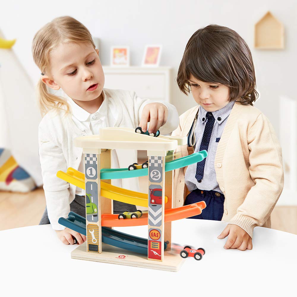 TOP Bright Wooden Toddler Race Track & Car Ramp Toys for 1-2 Year Olds with 4 Mini Cars and Garage – Motor Skills Playset