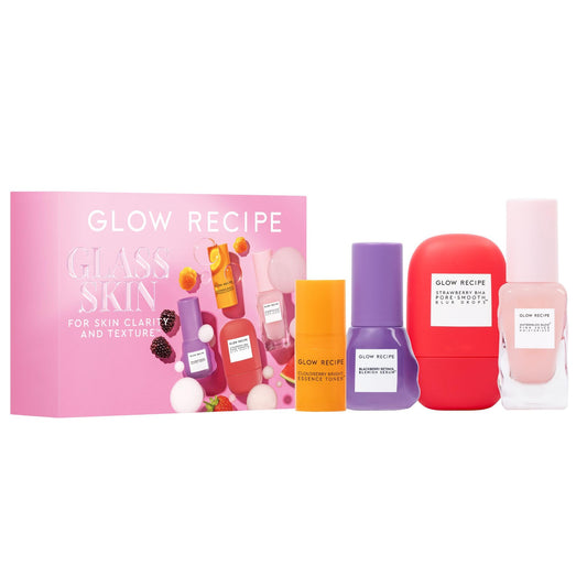 Glow Recipe Glass Skin Travel Skincare Set – Mini Toner, Strawberry Blur Drops, Retinol Serum & Pink Juice Moisturizer, 4-Piece Kit