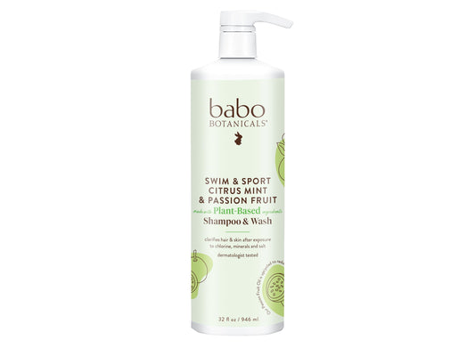 Babo Botanicals Swim & Sport Citrus Mint & Passion Fruit Shampoo & Body Wash – Removes Chlorine & Sweat, Refreshing Cleanser for All Ages, 32 Oz